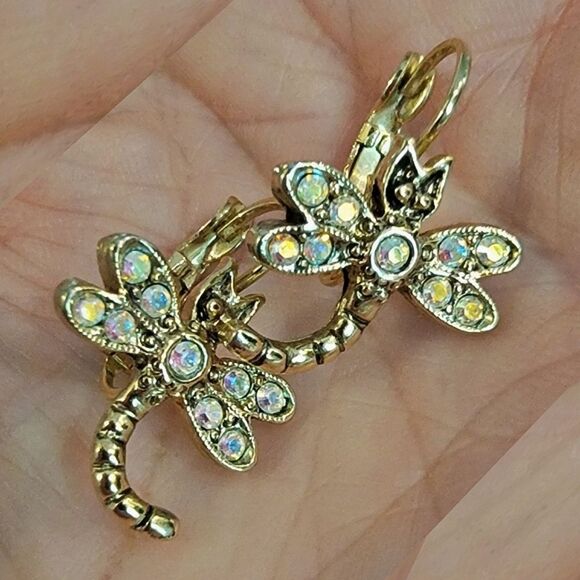Kirks Folly Gold Dragonfly Pierced Earrings with Iridescent AB Crystal Accents - Picture 3 of 6